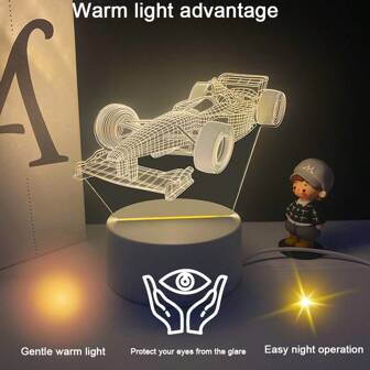 Denna nattljus med varmt ljus i 3D Vision har en sofistikerad racerbilsdesign med realistiska detaljer och en 3D-effekt som skapar en mysig och rolig atmosfär i rummet på natten.