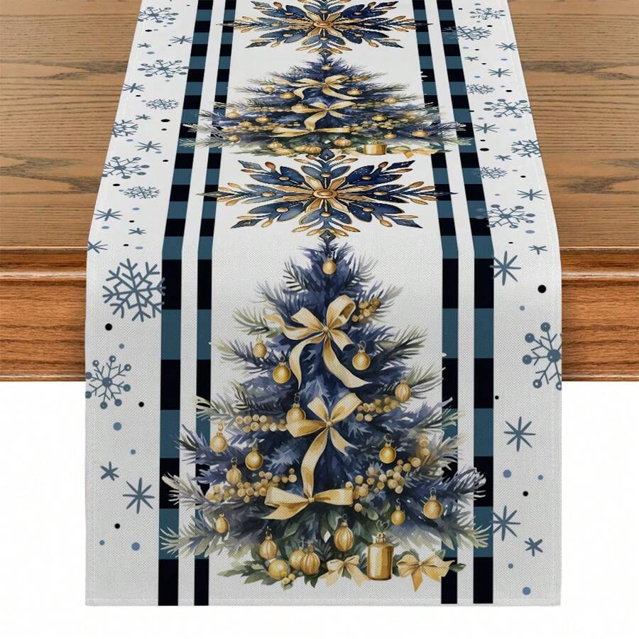 1/4/10 件圣诞蓝色雪花与圣诞树花卉图案桌旗与餐垫套装、圣诞气氛节日餐桌装饰布艺桌旗、圣诞装饰、礼品桌旗与餐垫套装适用于室内外庆祝活动、季节性派对用品、厨房餐桌装饰、派对餐桌装饰、居家桌旗、餐厅桌布装饰