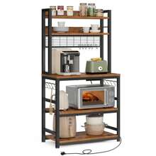 VASAGLE Kitchen Storage Rack With Power Outlet, Coffee Bar, Baker's Rack, With Metal Wire Panel, 14 Hooks, For Microwave, Steel Frame, 40 X 80 X 170 Cm, Rustic Brown And Ink Black