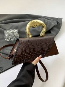 Túi xách nữ họa tiết cá sấu mới 2024, Túi tote thiết kế cao cấp, Túi đeo vai & đeo chéo bằng da PU, Mùa thu/Đông - Cà phê nâu - Xem 5