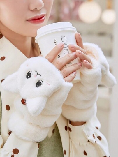 1 Pair Cartoon Cute Casual Street Party Polyester Embroidered Fingerless Rabbit Hair Gloves, Warm Thick Gloves For Women Winter Party, Dates, Students