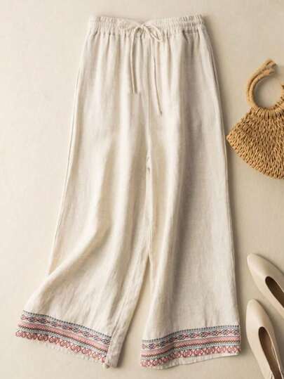 女士度假拼布几何印花束腰阔腿宽松裤