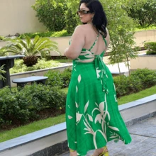 Women's Plus Size Midi Wrap Skirt Set, Cropped Halter Neck, Tie Back, Long Dress Style Set, Casual Social - 花綠色 - 查看 5