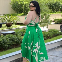 Women's Plus Size Midi Wrap Skirt Set, Cropped Halter Neck, Tie Back, Long Dress Style Set, Casual Social - 花綠色 - 查看 1