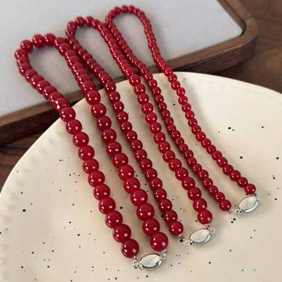1pc Vintage-Style Red Round Glass Bead Choker Necklace With Chinese-Inspired Oval Clasp, Simple And Versatile