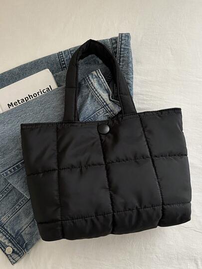 New Quilted Padded Shoulder Bag, Checkered Embroidered Spacious Tote Bag With Metal Chain Strap, Casual Shoulder Bag, Solid Color Large Capacity Versatile Commuter Bag For Women, Elegant Daily Use, Tote Bags For Students, Multiple Compartments, Perfect For Beach, School, Work & Daily Use