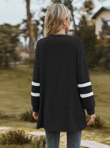 1 件黑色休闲纯色针织运动衫女士运动衫，宽松版型，长袖，时尚套头衫，适合运动装和家居服，秋冬季