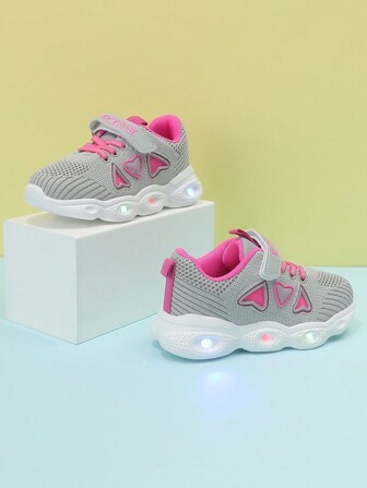 Kids/Teens Unisex Black/Pink/Grey Mesh Light Up Casual Sneakers With Heart Pattern, Breathable & Lightweight, For School And Party