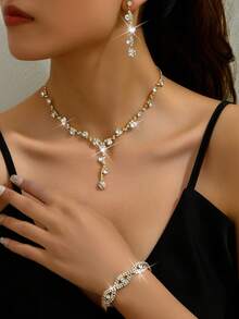 1 Đôi Hoa Tai + 1 Dây Chuyền + 1 Vòng Tay/ 1 Đôi Hoa Tai + 1 Dây Chuyền Bộ Trang Sức Sang Trọng Đính Đá Rhinestone Lấp Lánh Trang Sức Đính Hôn/ Cưới - bộ trang sức - Xem 7