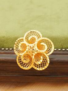 新款秋冬时尚奢华镂空花叶男女铜戒指防水可调节尺寸新娘婚礼生日派对圣诞礼物 - 金黃色 - 查看 12