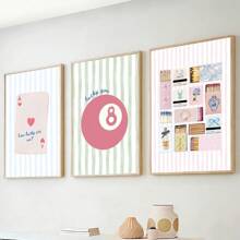 Set Of 3 Unframed Pink Matchbox Lucky 8 Ball Preppy Art Poster Y2K Girly Room Decor Funky Painting Canvas Print Minimalist Wall Picture For Modern Home Decoration, Dorm, Apartment, Girl Room, Bedroom, Living Room Decor