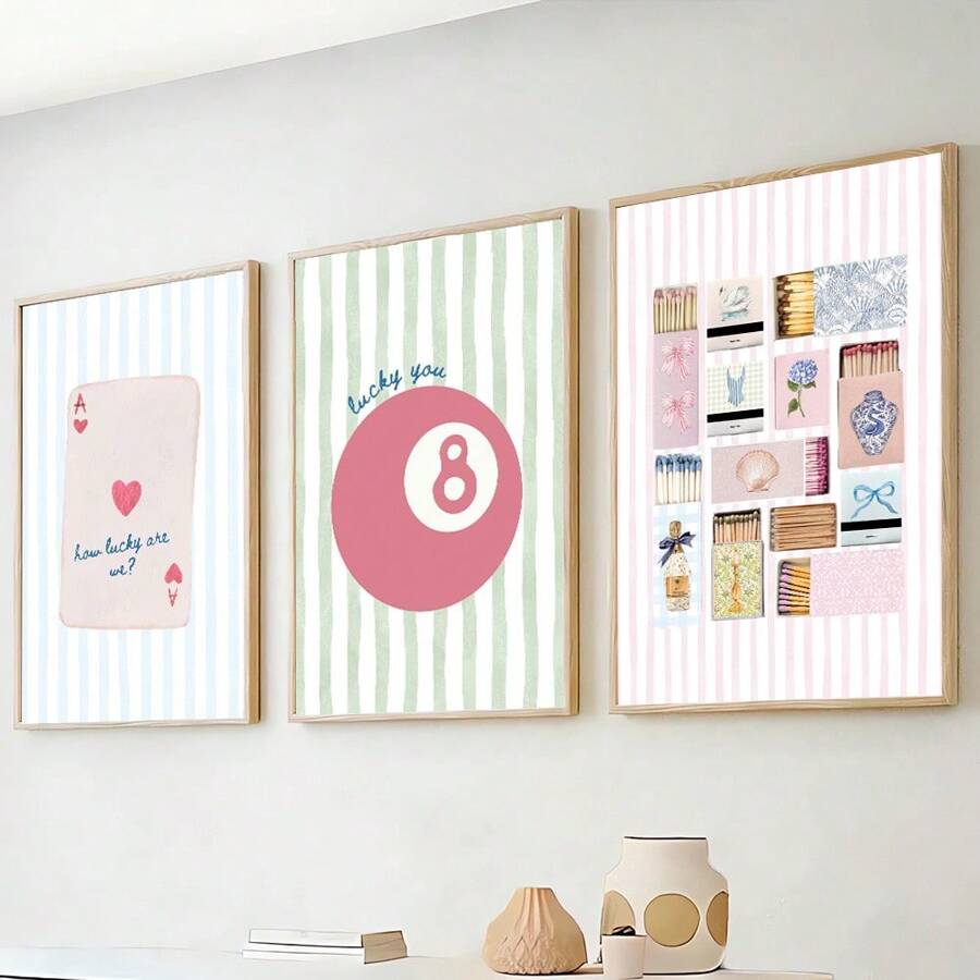 Set Of 3 Unframed Pink Matchbox Lucky 8 Ball Preppy Art Poster Y2K Girly Room Decor Funky Painting Canvas Print Minimalist Wall Picture For Modern Home Decoration, Dorm, Apartment, Girl Room, Bedroom, Living Room Decor