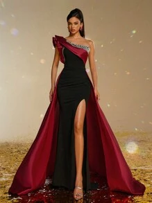 Smilprince Luxurious Burgundy And Black Asymmetrical Neck High Slit Floor-Length Gown Prom Dress For Women, Formal Evening Dress, Elegant Dress, For Wedding Guest, Graduation, Dinner Party Dress - màu đen - Xem 1