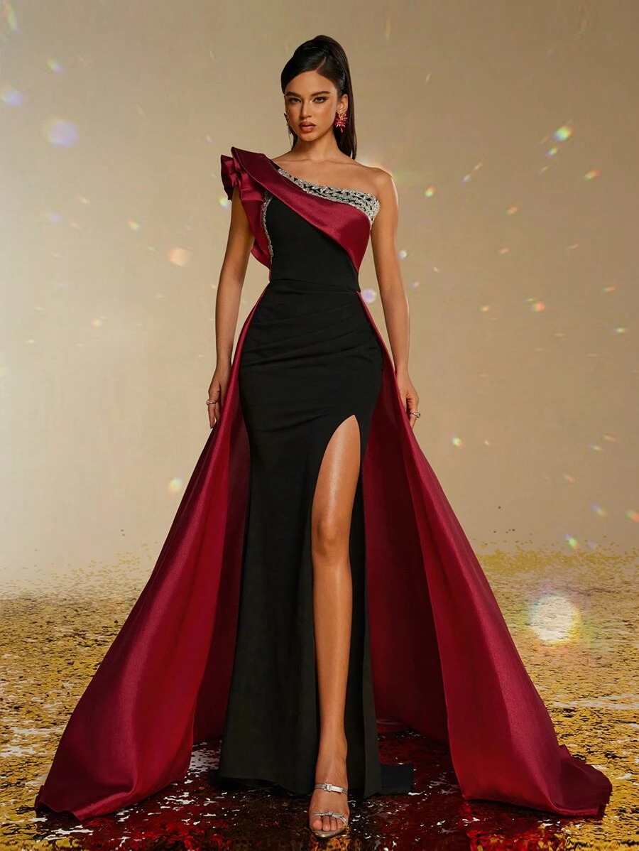 Smilprince Luxurious Burgundy And Black Asymmetrical Neck High Slit Floor-Length Gown Prom Dress For Women, Formal Evening Dress, Elegant Dress, For Wedding Guest, Graduation, Dinner Party Dress - màu đen - Xem 1