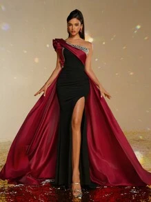 Smilprince Luxurious Burgundy And Black Asymmetrical Neck High Slit Floor-Length Gown Prom Dress For Women, Formal Evening Dress, Elegant Dress, For Wedding Guest, Graduation, Dinner Party Dress - màu đen - Xem 3