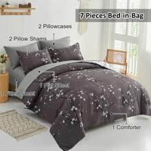 Floral Cmomforter Set Queen King Size,7 Pieces Bed In A Bag Comforter Reversible Flower Plum Bedding Set Queen Size(1 Comforter,2 Pillowcase,2 Pillow Shams,1 Flat Sheet,1 Fitted Sheet) Room Decor Bedroom Decor Mothers Day Gift Wedding Decoration. - 可逆 - 查看 3