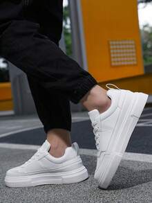 男士纯色字母图案前系带休闲户外滑板鞋，轻便日常穿着，运动休闲户外运动鞋 - 白色 - 查看 8