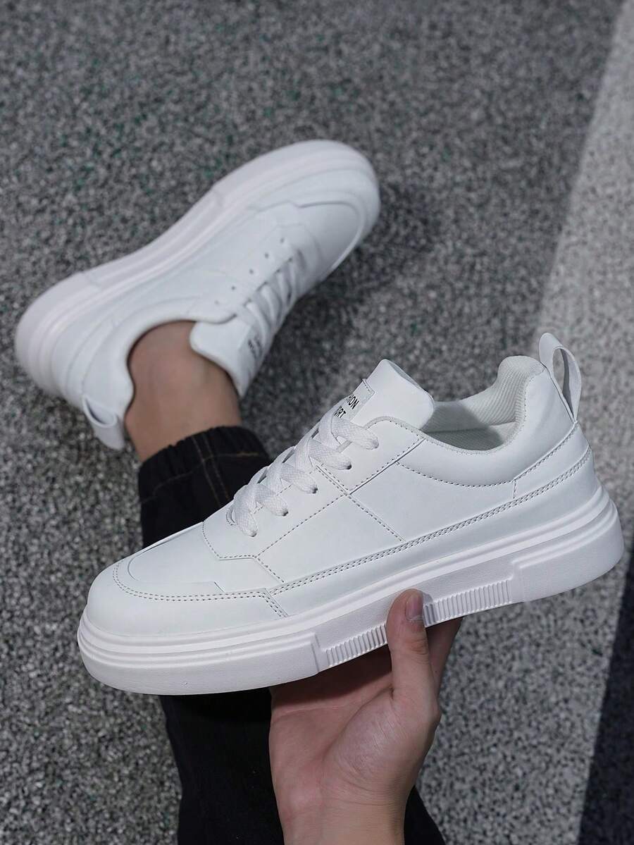 男士纯色字母图案前系带休闲户外滑板鞋，轻便日常穿着，运动休闲户外运动鞋 - 白色 - 查看 1