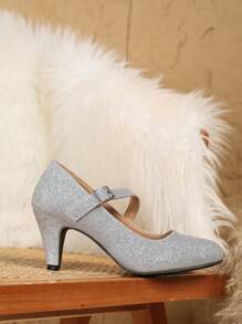 秋冬女士优雅尖头锥形跟低鞋面搭扣玛丽珍高跟鞋，舒适银色亮片性感T台夜店风圆头凉鞋，银色亮片婚鞋，优雅派对鞋