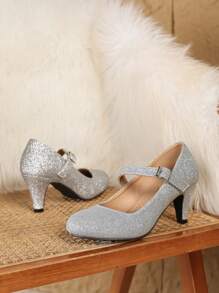 秋冬女士优雅尖头锥形跟低鞋面搭扣玛丽珍高跟鞋，舒适银色亮片性感T台夜店风圆头凉鞋，银色亮片婚鞋，优雅派对鞋