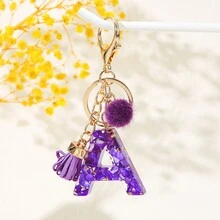 1 móc khóa chữ cái đầu màu tím, quả bóng lông nhỏ có tua rua, móc khóa chữ cái bằng nhựa cho túi xách và ba lô của phụ nữ - Quà tặng phụ kiện thời trang - Nhiều màu - Xem 12