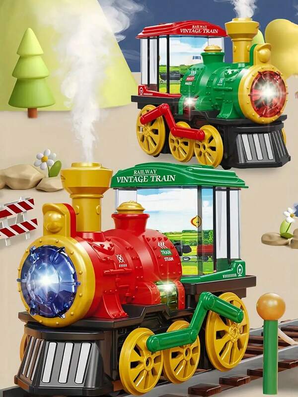 1pc Kids Christmas Vintage Style Steam Train Toy With Electric Spray, Music And Lights, Christmas Gift For Babies