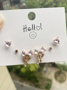 6pcs/Set Y2K Pink Heart Stud Earrings For Women Girls Bow Dangle Earring Set Sweet Crystal Bowknot Drop Earring Fashion Jewelry