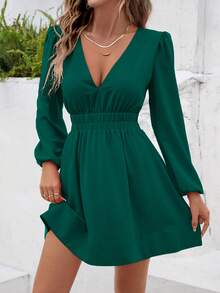 Plunging Neck Ruched Waist Dress - Green - View 3