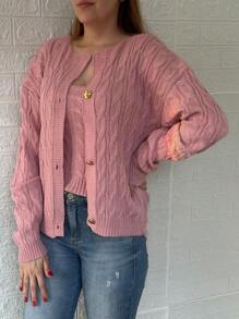 Winter Braided Coat And Tank Top - 3 Button Knit Twin Set - Knit Set - Baby Pink - View 2