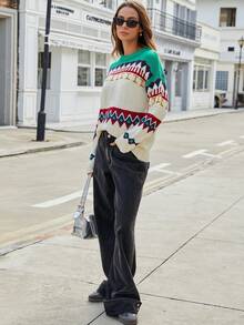 女士新款毛衣圣诞拼接拼色上衣落肩休闲套头衫 - 彩色 - 查看 5