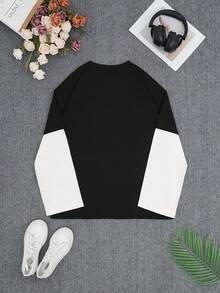 Women's Retro Punk Rock Gothic Style Lightning Print Colorblock Long Sleeve Top, Aesthetic Look Casual Spring - Multicolor - View 2