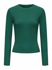 Atasan Lengan Panjang Slim Fit Wanita, Kemeja Lapisan Dasar yang Nyaman dan Elastis untuk Kru - Hijau - View 2