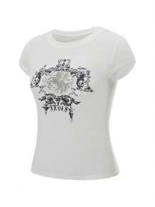 Women Short Sleeve Graphic Tees Y2K Vintage Aesthetic Gothic Tops Emo Teen Girls 2000s Streetwear Crew Neck Slim Fitted Shirts Going Out Outfits 1 Pcs 140g Rams 95% Polyester 5% Cotton Top - 白色 - 查看 10