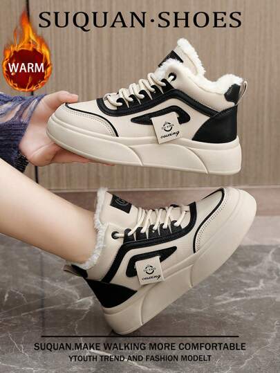 1 双女士休闲冬鞋，2024 秋冬新款舒适保暖运动鞋，保暖内衬厚底拼色厚底学生鞋，简约时尚