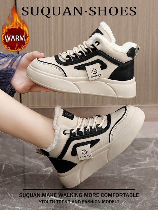 1 Pair Women's Casual Winter Shoes, New 2024 Autumn/Winter Comfortable Warm Sports Sneakers, Thermal-Lined Thick Sole Color Block Platform Shoes For Students, Simple & Fashionable