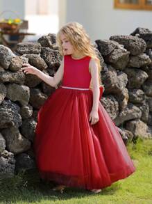 Robe tulle rouge de demoiselle d'honneur pour fille préadolescente, design dos nu et grand nœud, pour Noël/mariage