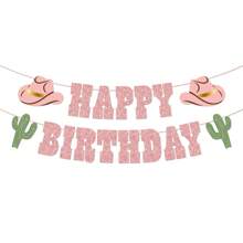 1 套，西部生日快乐金色/玫瑰金闪光横幅 - 5 英尺 | 牛仔/女牛仔 HBD 装饰，狂野西部花环，牛仔竞技用品，Wild One Yeehaw 生日，女牛仔装饰，仙人掌 Howdy Photobooth 背景 - 彩色 - 查看 2