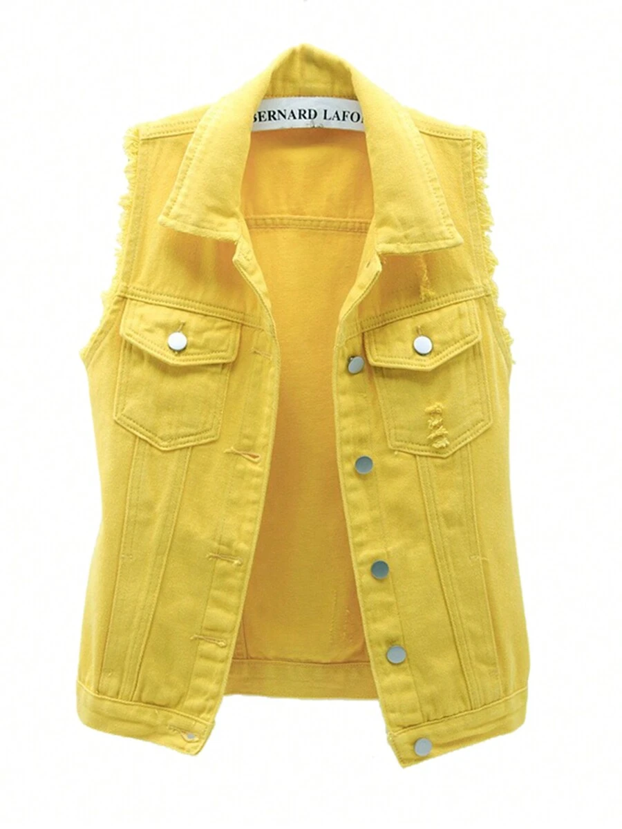 Women's Jean Vest Classic Washed Denim Vest, Sleeveless Solid Color Button Down Jean Jacket - Yellow - View 1