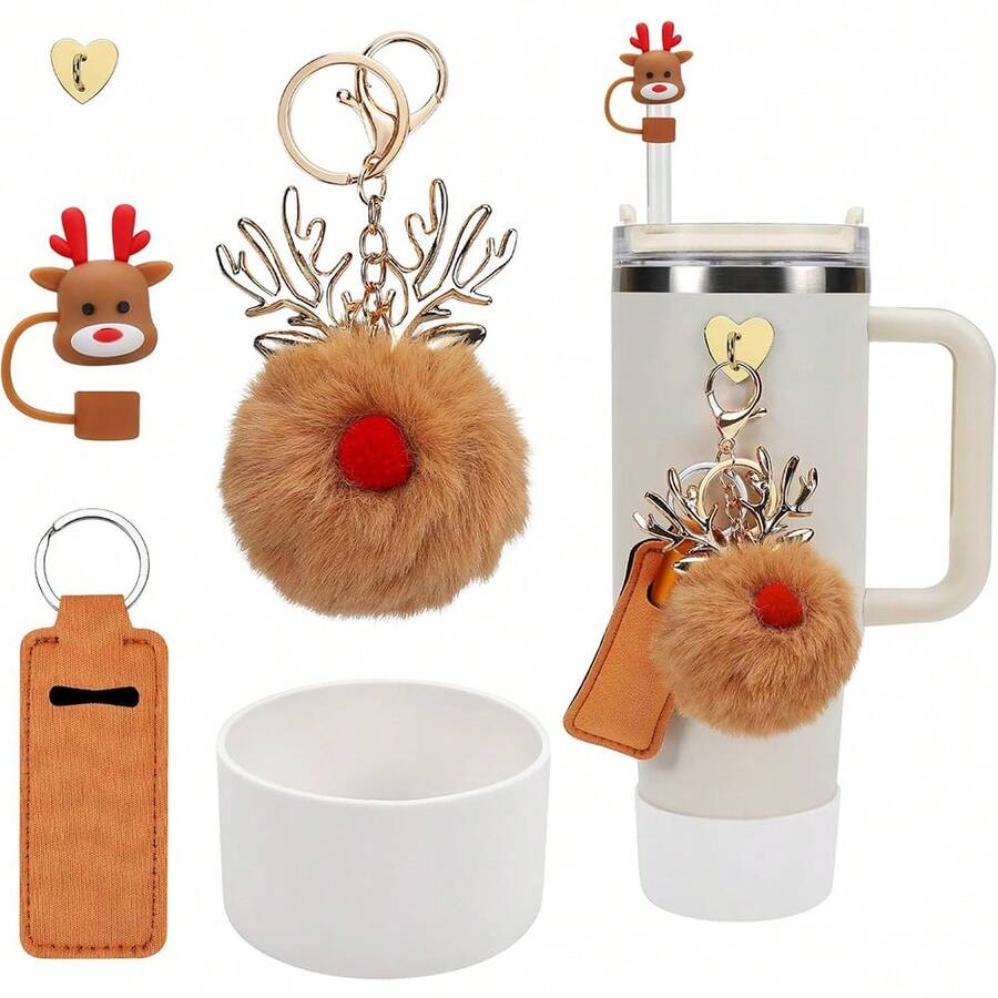 Bộ 5 phụ kiện cốc Giáng sinh - Vỏ ống hút silicon Giáng sinh, đế cốc silicon, giá đựng son môi, đồ trang trí Giáng sinh cho cốc 40oz và 30oz - Nhiều màu - Xem 1