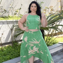 Women's Plus Size Midi Wrap Skirt Set, Cropped Halter Neck, Tie Back, Long Dress Style Set, Casual Social - 花綠2 - 查看 5