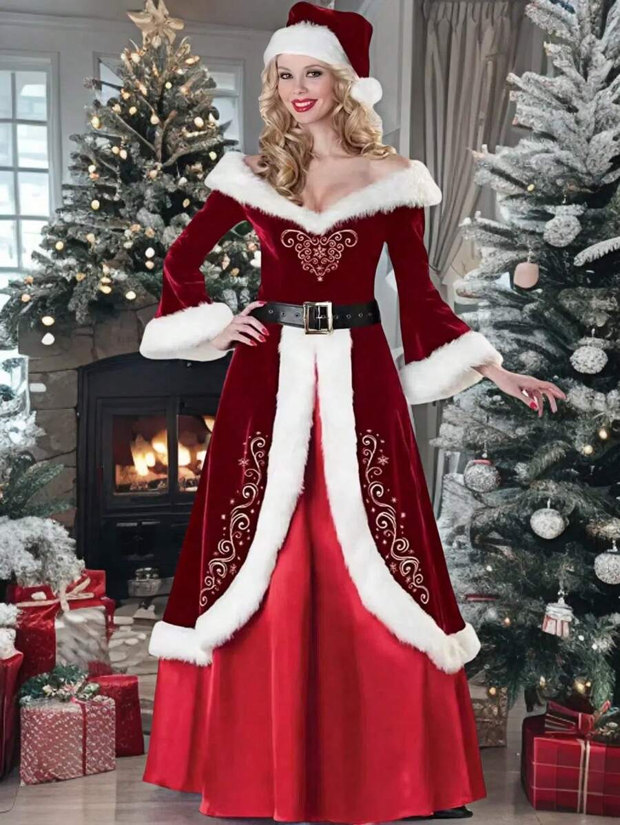 1 件套圣诞快乐服装套装，适合女性 COSPLAY 节日派对必备，包括圣诞帽、连衣裙、腰带，适合日常表演和派对万圣节 - 彩色 - 查看 1