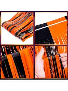 1pc Halloween Black & Orange Beaded Curtain Decoration, 1*2m Backdrop Curtain For Birthday Party, Door Decor