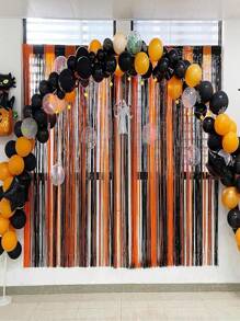1pc Halloween Black & Orange Beaded Curtain Decoration, 1*2m Backdrop Curtain For Birthday Party, Door Decor