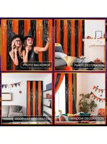1pc Halloween Black & Orange Beaded Curtain Decoration, 1*2m Backdrop Curtain For Birthday Party, Door Decor