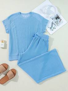 Acelitt 夏季纯色纯色针织短袖T恤阔腿裤套装居家休闲户外活动 - 藍色 - 查看 3