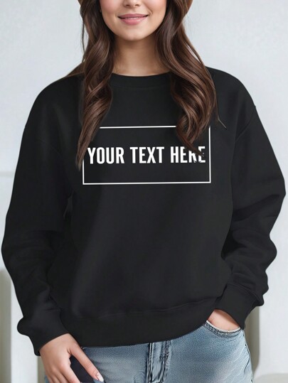 Customized Text, Women's Crew Neck Sweatshirt For Autumn/Winter, Upload Your Personalized Text/Name/Blessing/Holiday/Anniversary, Customized Interesting Text, Customized Personal Text/Blessing/Name, Casual & Fashionable Women's Pullover Crew Neck Sweatshirt