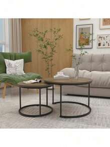 Nesting Coffee Table Set Of 2, 27.6Inch Round Coffee Table ,Industrial Wood Finish ,Made Of Sturdy MDF Tabletop And Iron Frame,With Sturdy Metal Frame,Sturdy And Durable, Exquisite Detail Design,Multi-Purpose, End Table Side Tables Suitable For Living Room ,Bedroom,Balcony Yard ,Brown.,HomeHaven8