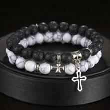 2pcs/4pcs/6pcs Classic Men's Beaded Cross Pendant Bracelet Set, Casual Daily Wear, Gift For Boyfriend, Husband, Father, Son
