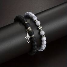 2pcs/4pcs/6pcs Classic Men's Beaded Cross Pendant Bracelet Set, Casual Daily Wear, Gift For Boyfriend, Husband, Father, Son