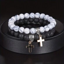 2pcs/4pcs/6pcs Classic Men's Beaded Cross Pendant Bracelet Set, Casual Daily Wear, Gift For Boyfriend, Husband, Father, Son